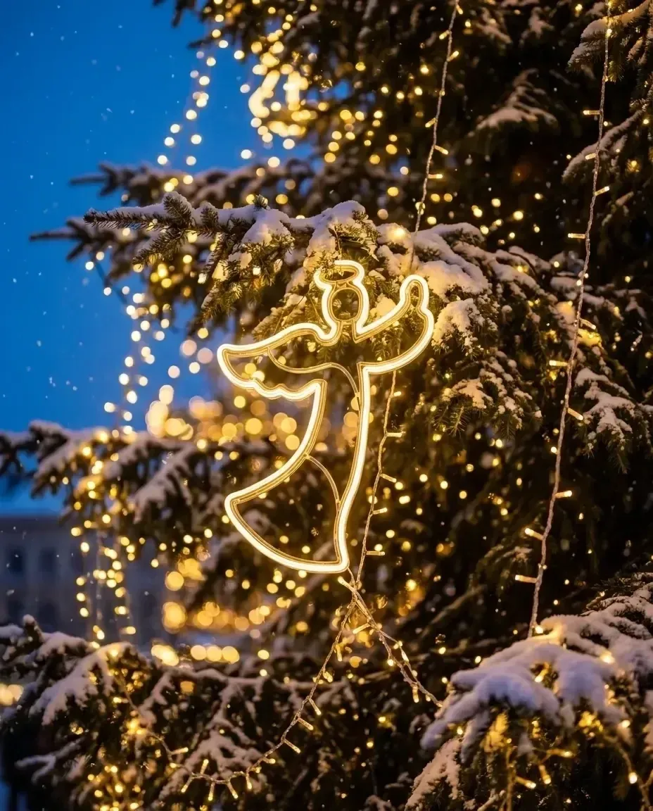 LED angel, 56 × 80 cm, on a street light pole