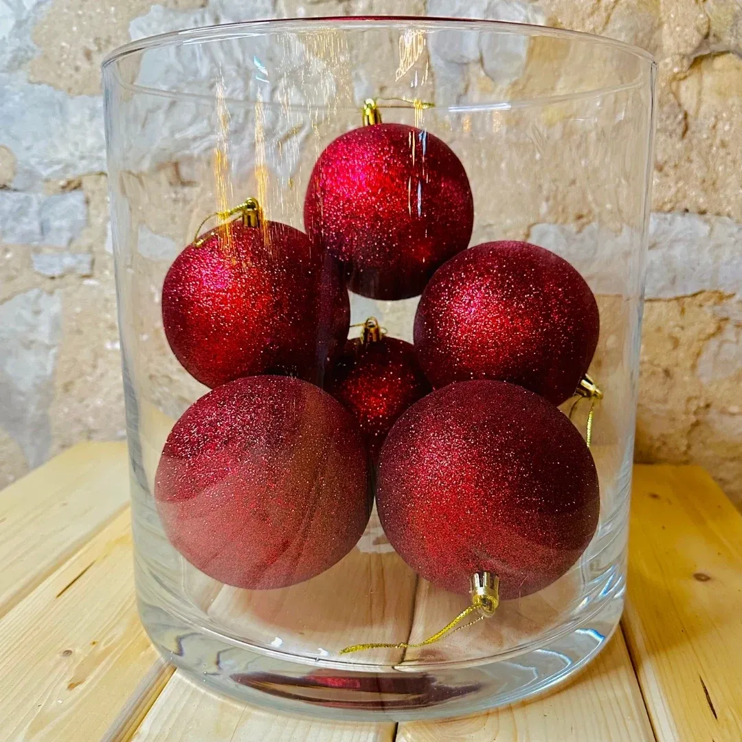 Plastic ball, 10 cm in diameter, burgundy, 6x glitter