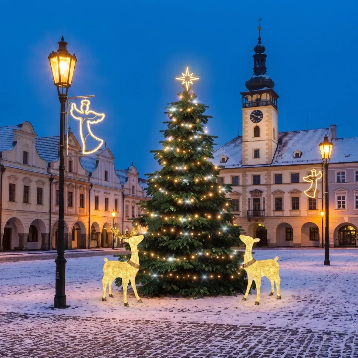 Christmas Set for Municipalities: Angel with a Stag and a Doe, 3–5 m "Flash" Tree, 3 Angels for Street Lighting, 3D LED Stag and Doe (150 cm), Warm White