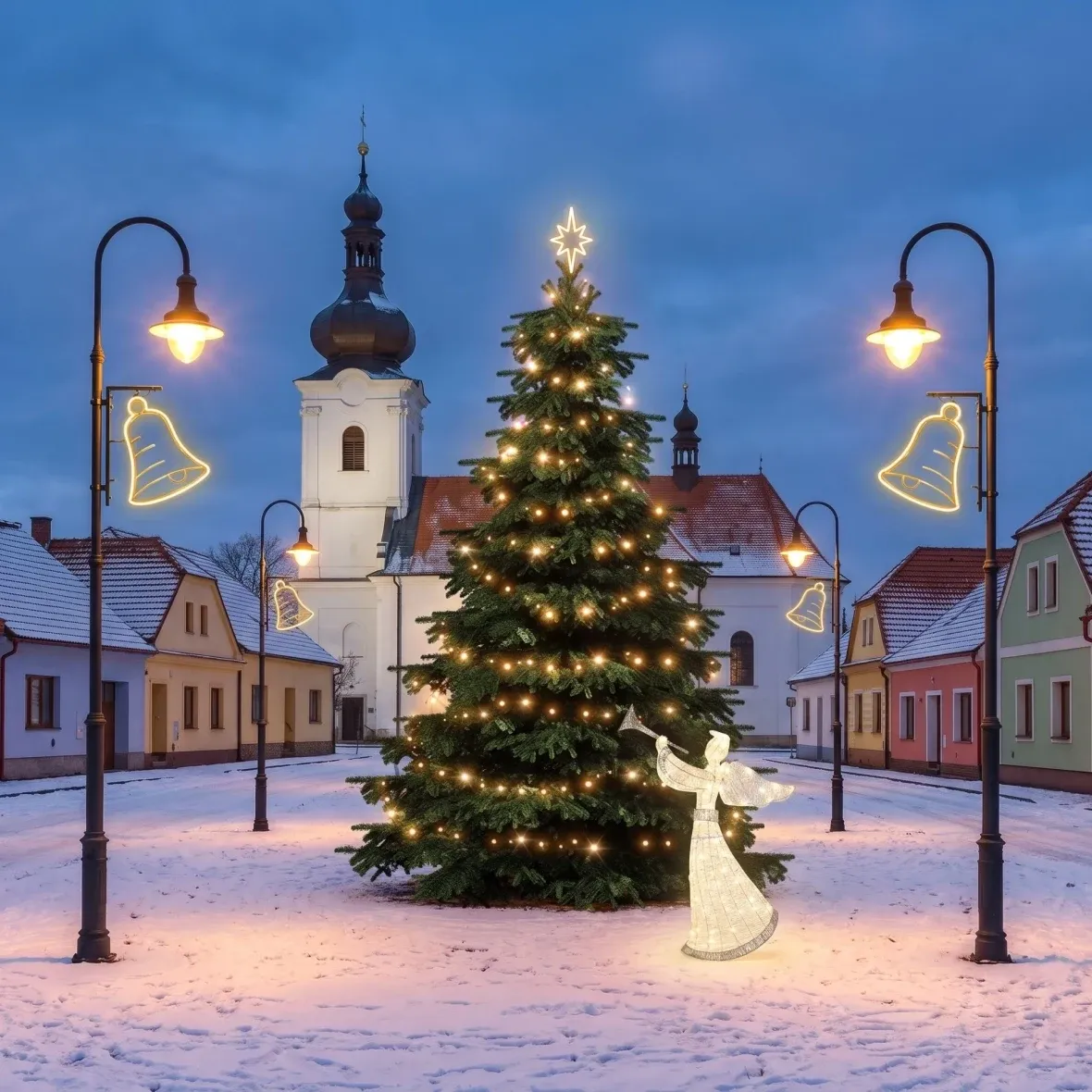 Christmas Set for Municipalities: Bell, 3–5 m Tree, 7 Streetlights with Bells, 122 cm 3D LED Angel, Warm White