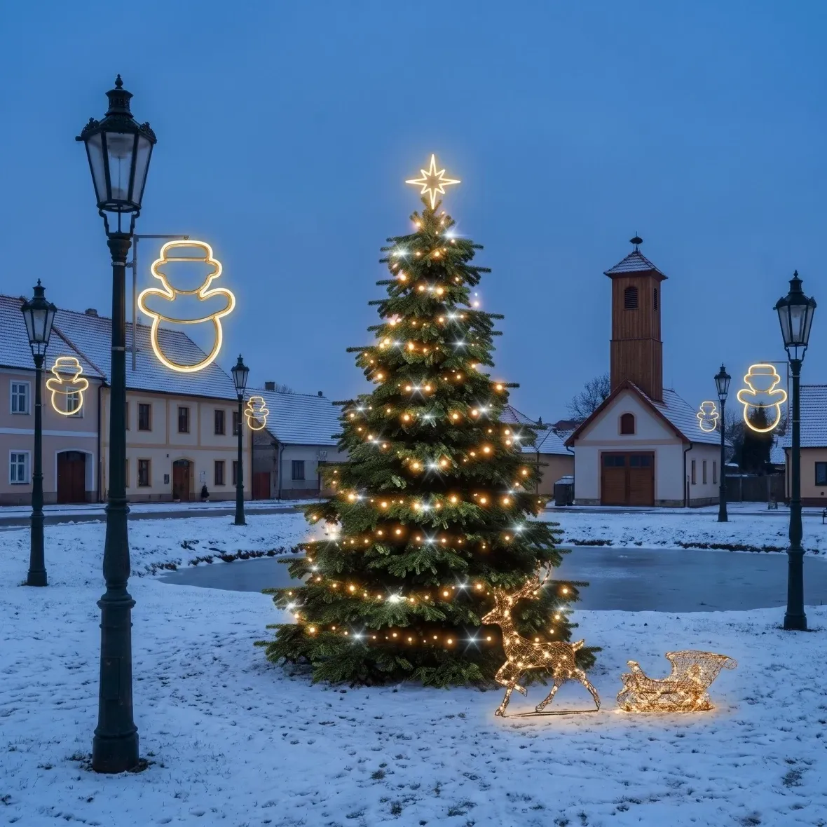Christmas Set for Municipalities: Snowman, 3–5 m "Flash" Tree, 6 Snowmen for Street Lighting, 3D LED Reindeer with Sleigh (180 cm), Warm White