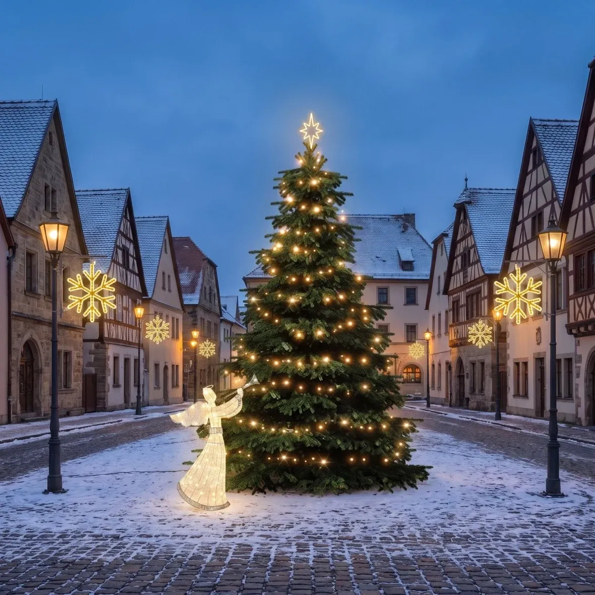 Christmas Set for Municipalities: Snowflake VI, Tree 3–5 m, 8 Snowflake VI lights for street lighting, 3D LED Angel 122 cm, Warm White