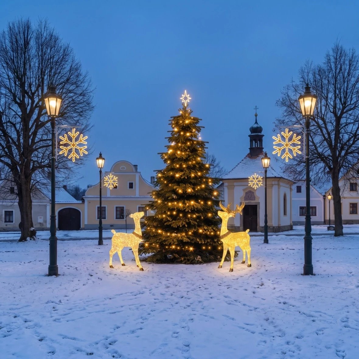 Christmas Set for Municipalities: Snowflake VI with a Stag and a Doe, Tree 3–5 m, 4× Snowflake VI for Street Lighting, 3D LED Stag and Doe 150 cm, Warm White