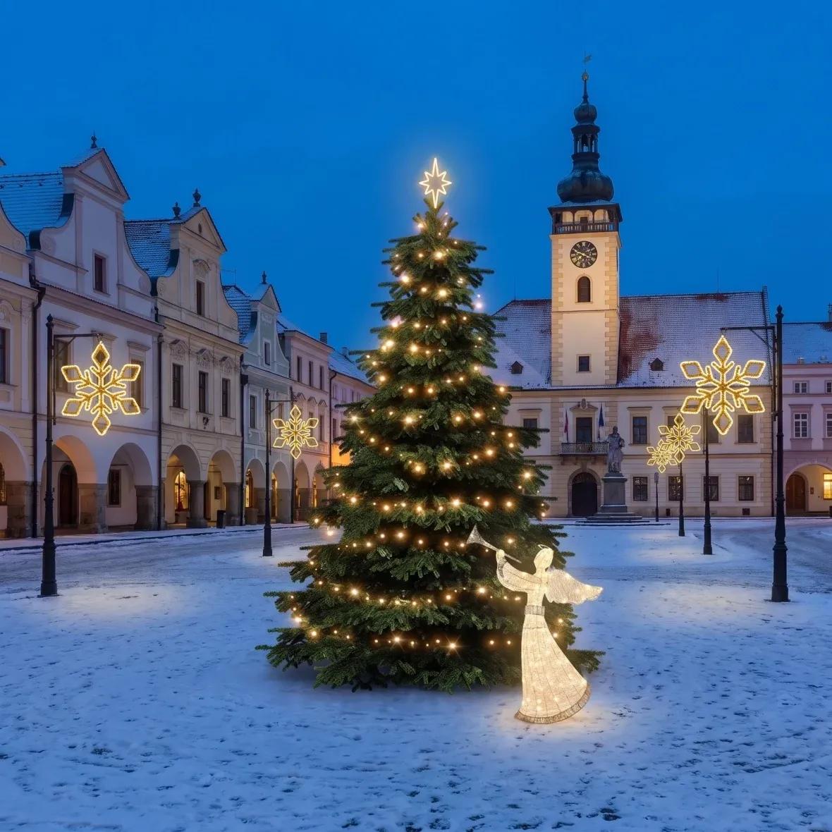 Christmas Set for Municipalities: Snowflake IX, Tree 3–5 m, 6 Snowflake IX lights for street lighting, 3D LED angel 122 cm, warm white