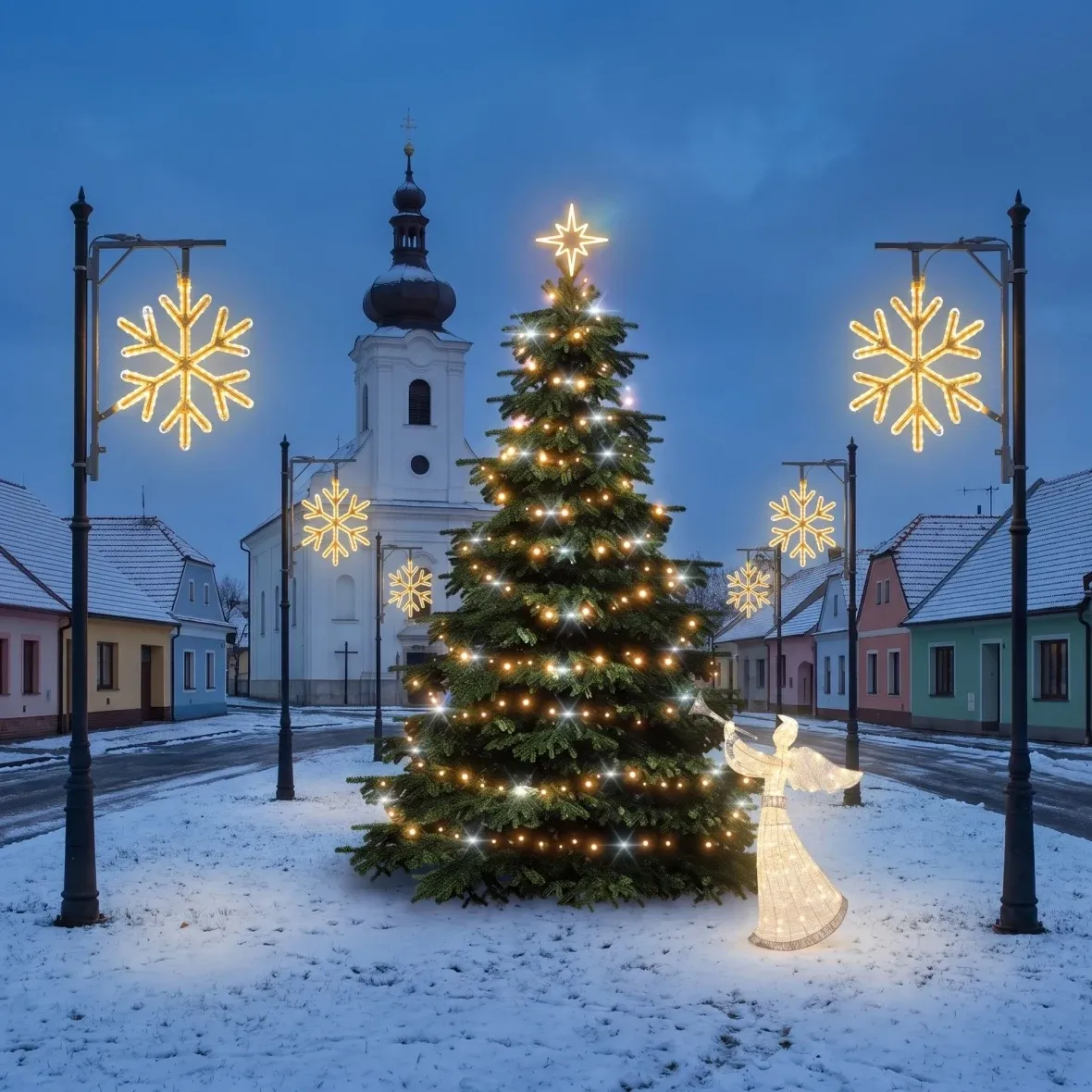 Christmas Set for Municipalities: “Snowflake” Flash, “Tree” 3–5 m Flash, 6 “Snowflake VIII” Flash for street lighting, 3D LED angel 122 cm, warm white