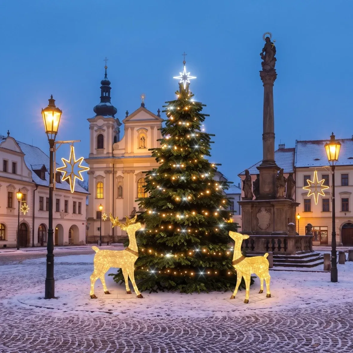 Christmas Set for Municipalities: Star with a Stag and a Doe, 3–5 m “Flash” Tree, 4× Star for Street Lighting, 3D LED Stag and Doe (150 cm), Warm White