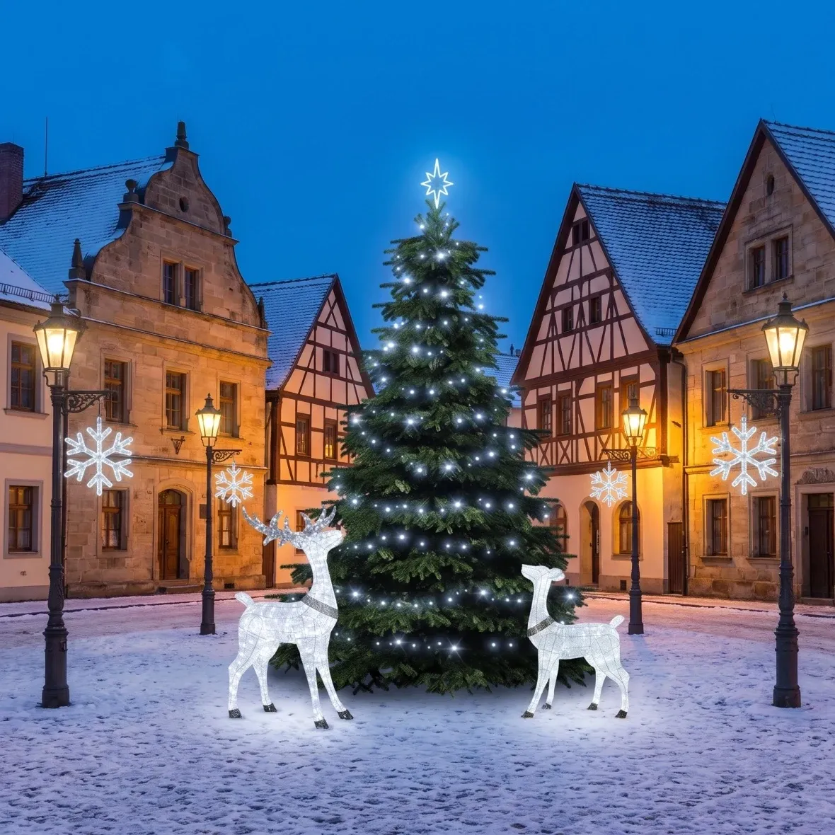 "Ice Flake V" Christmas Set for Municipalities: Featuring a stag and a doe, tree 3–5 m, 4 "Ice Flake V" decorations for streetlights, 3D LED stag and doe 150 cm, ice white