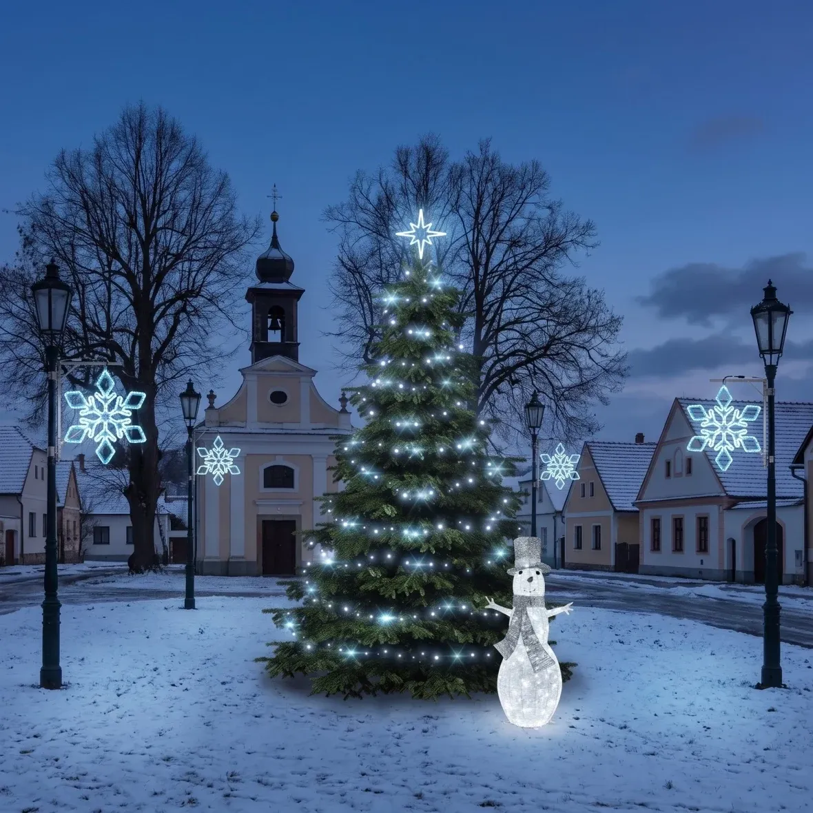 Christmas Set for Municipalities: Ice Flake IX, 3–5 m Flash Tree, 6× Ice Flake IX for Street Lighting, 3D LED Snowman 107 cm, Ice White