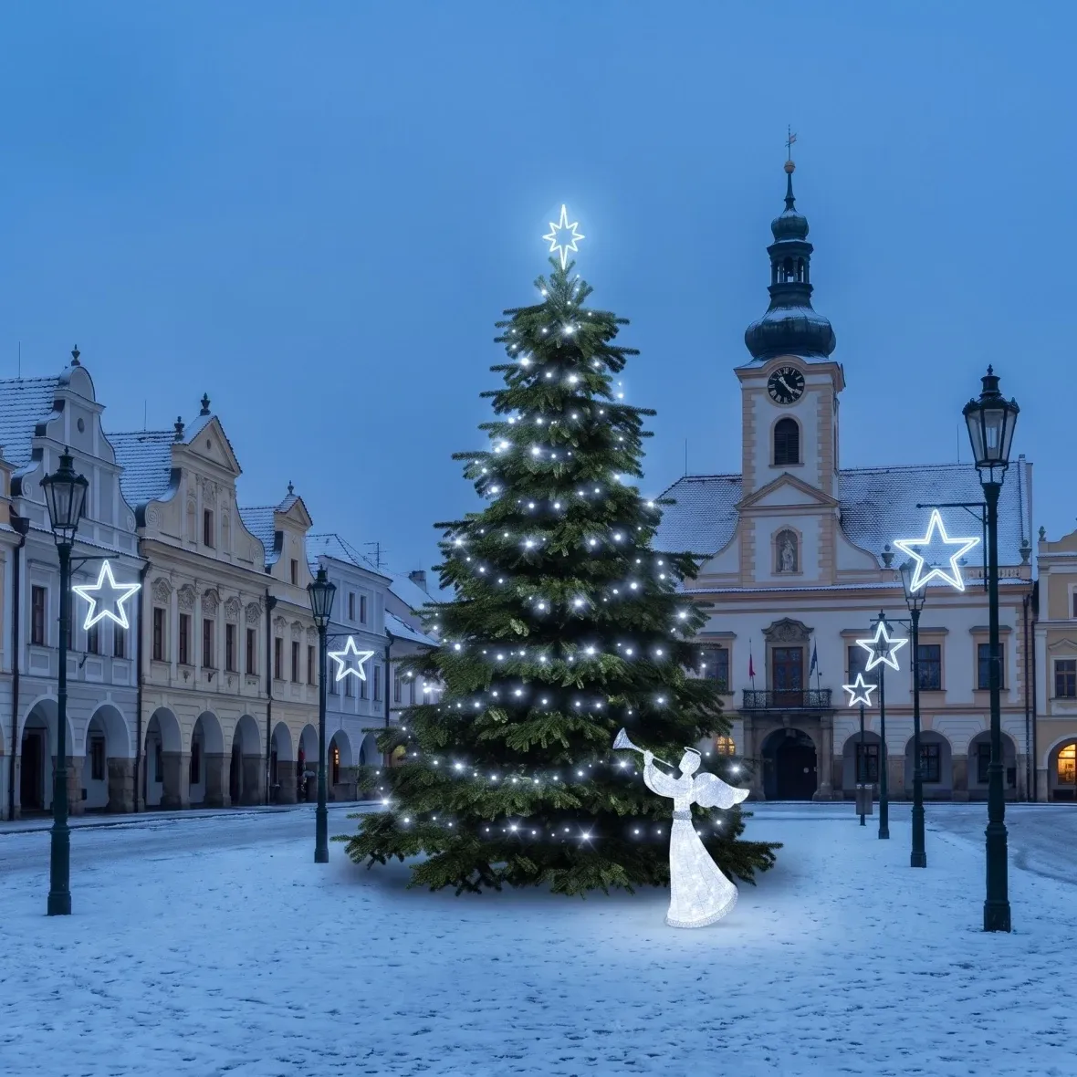 Christmas Set for Municipalities: Ice Star, 3–5 m Tree, 7× Star for Street Lighting, 3D LED Angel 122 cm, Ice White