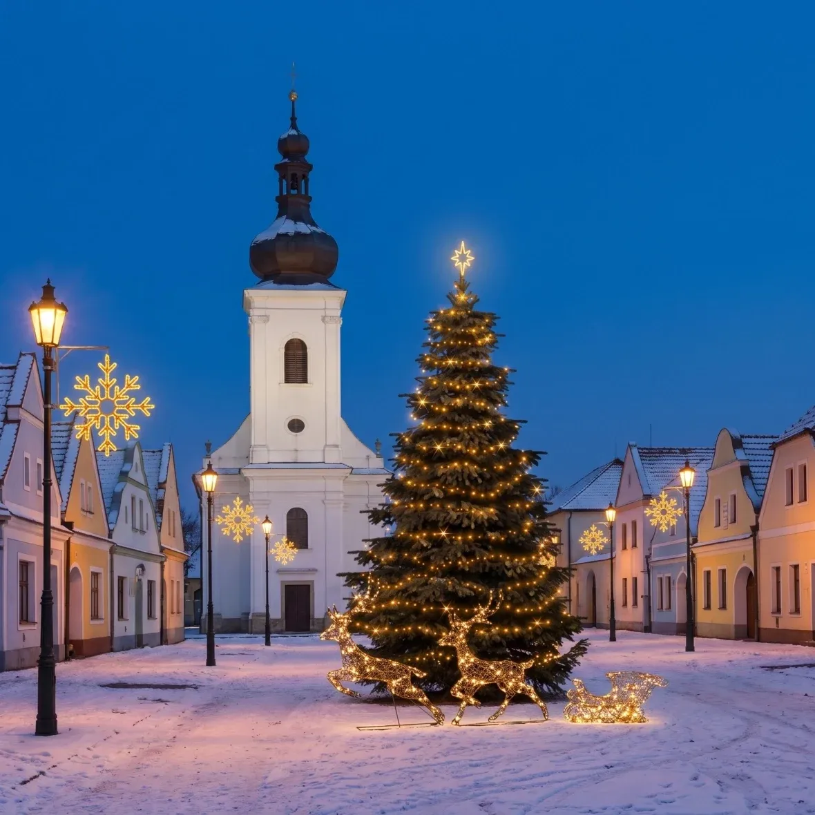 Christmas Set for Municipalities: Large Snowflake X, 6–8 m Tree, 8 Snowflake X Decorations for Streetlights, 3D LED Reindeer with Sleigh (180 cm), Warm White