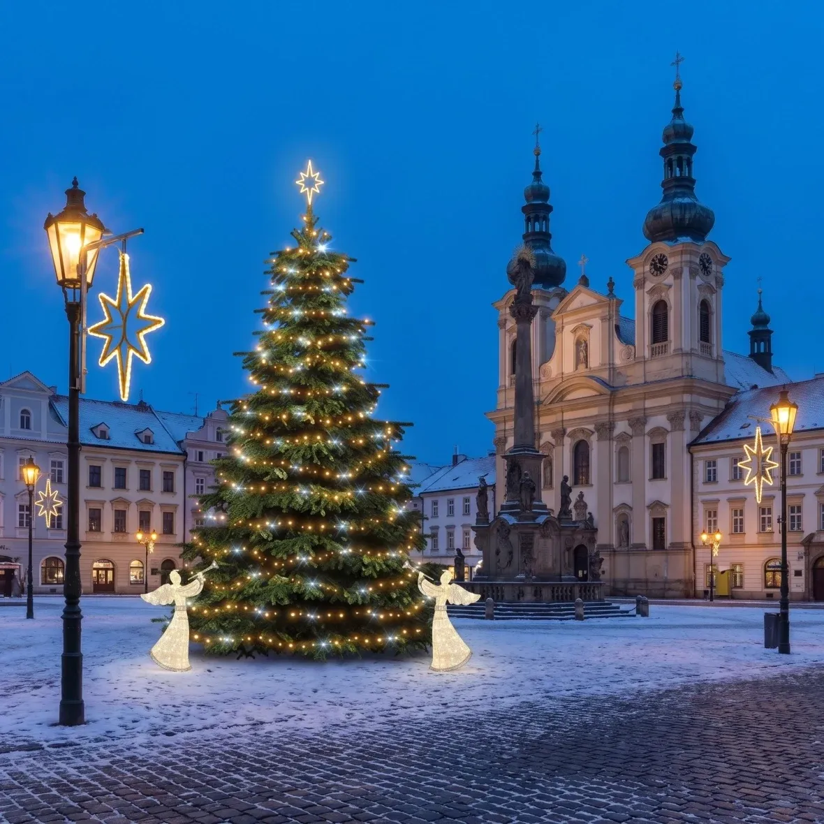 Christmas Set for Municipalities: Large Star, 6–8 m "Flash" Tree, 9× Stars for Street Lighting, 2× 3D LED Angels (122 cm), Warm White