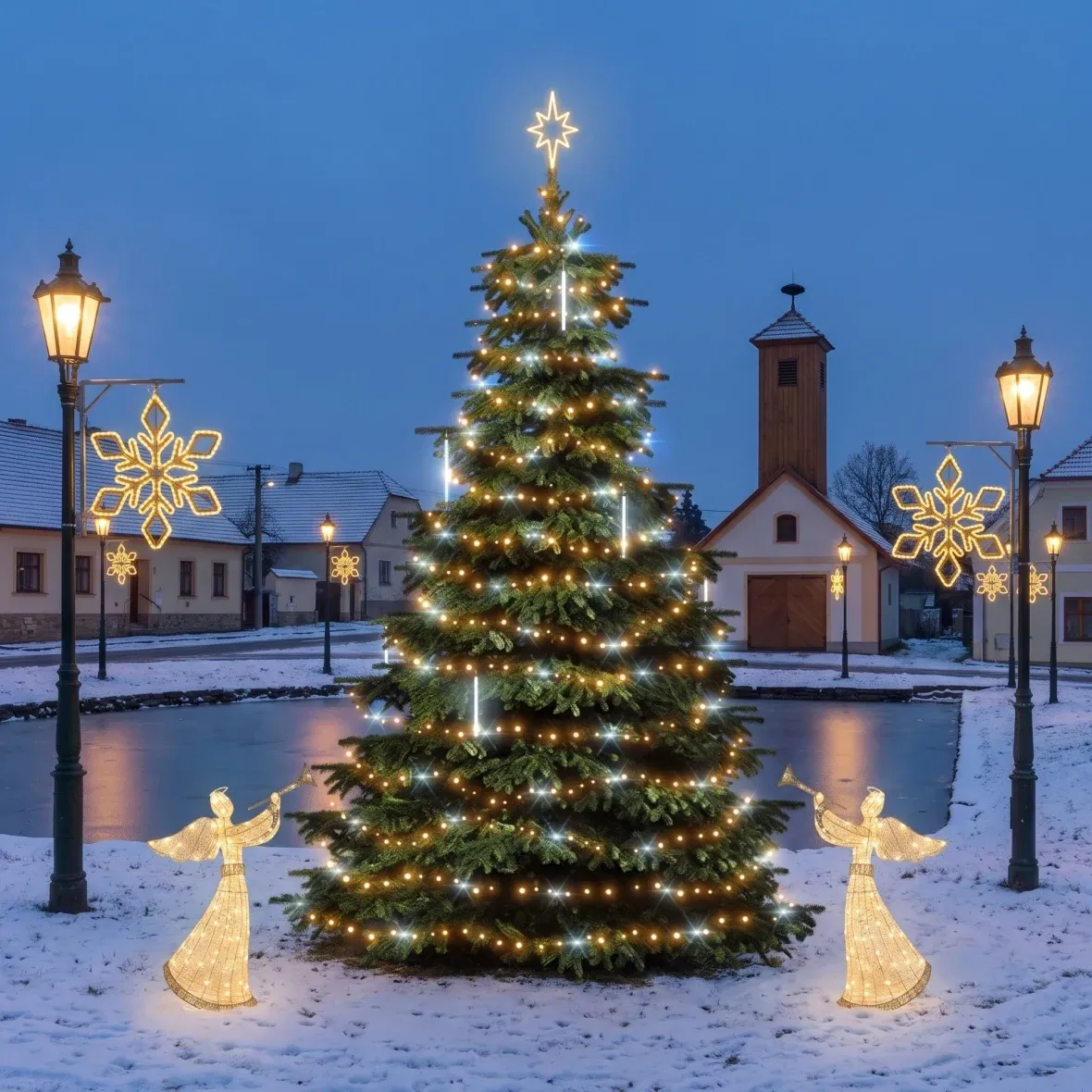 "Falling Snow" Christmas Set for Municipalities: 6–8 m "Flash" tree with falling snow, 6 "Snowflake IX" lights for street lighting, 2 122 cm 3D LED angels, warm white