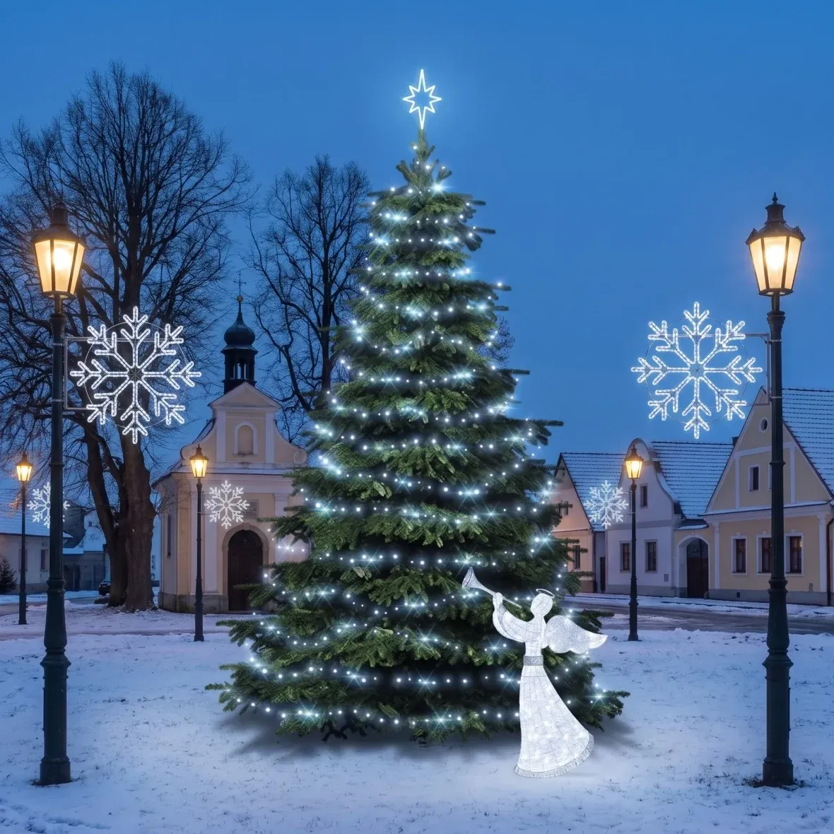 Christmas Set for Municipalities: Ice Flake II, 6–8 m Flash Tree, 7 Ice Flake II lights for street lighting, 122 cm 3D LED angel, ice white