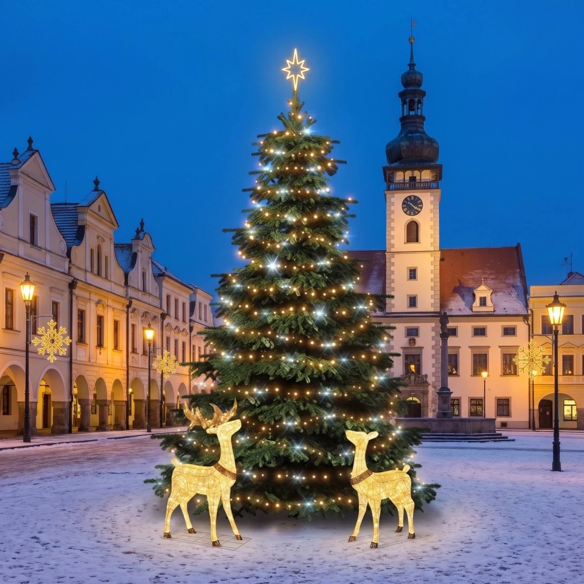 Christmas Set for Municipalities: Large X-Shaped Snowflake with a Stag and a Doe, 6–8 m "Flash" Tree, 8 X-Shaped Snowflakes for Streetlights, 3D LED Stag and Doe (150 cm), Warm White