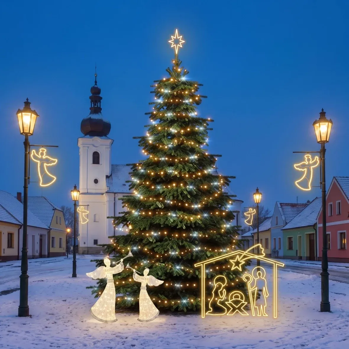 Christmas Set for Municipalities: Angel and Nativity Scene, 6–8 m "Flash" Tree, 8× Angels for Street Lighting, 2× 3D LED Angels (122 cm), Nativity Scene (162 × 172 cm), Warm White