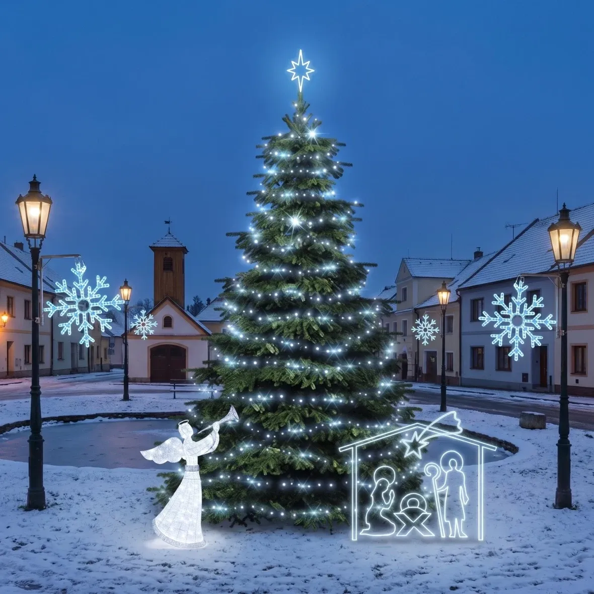 Christmas Set for Municipalities: Ice Flake X and Nativity Scene, 6–8 m Flash Tree, 122 cm 3D LED Angel, 162 × 172 cm Nativity Scene, Ice White