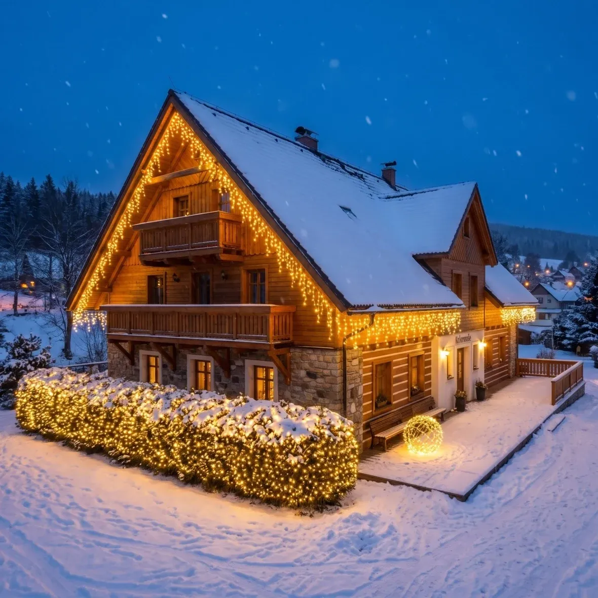Christmas Set for Hotels: Sparkling Facade, 8 × 3-meter "Flash" icicles, 1 × 20-meter "Flash" string lights, 3D LED ball Ø 60 cm, warm white with "Flash"