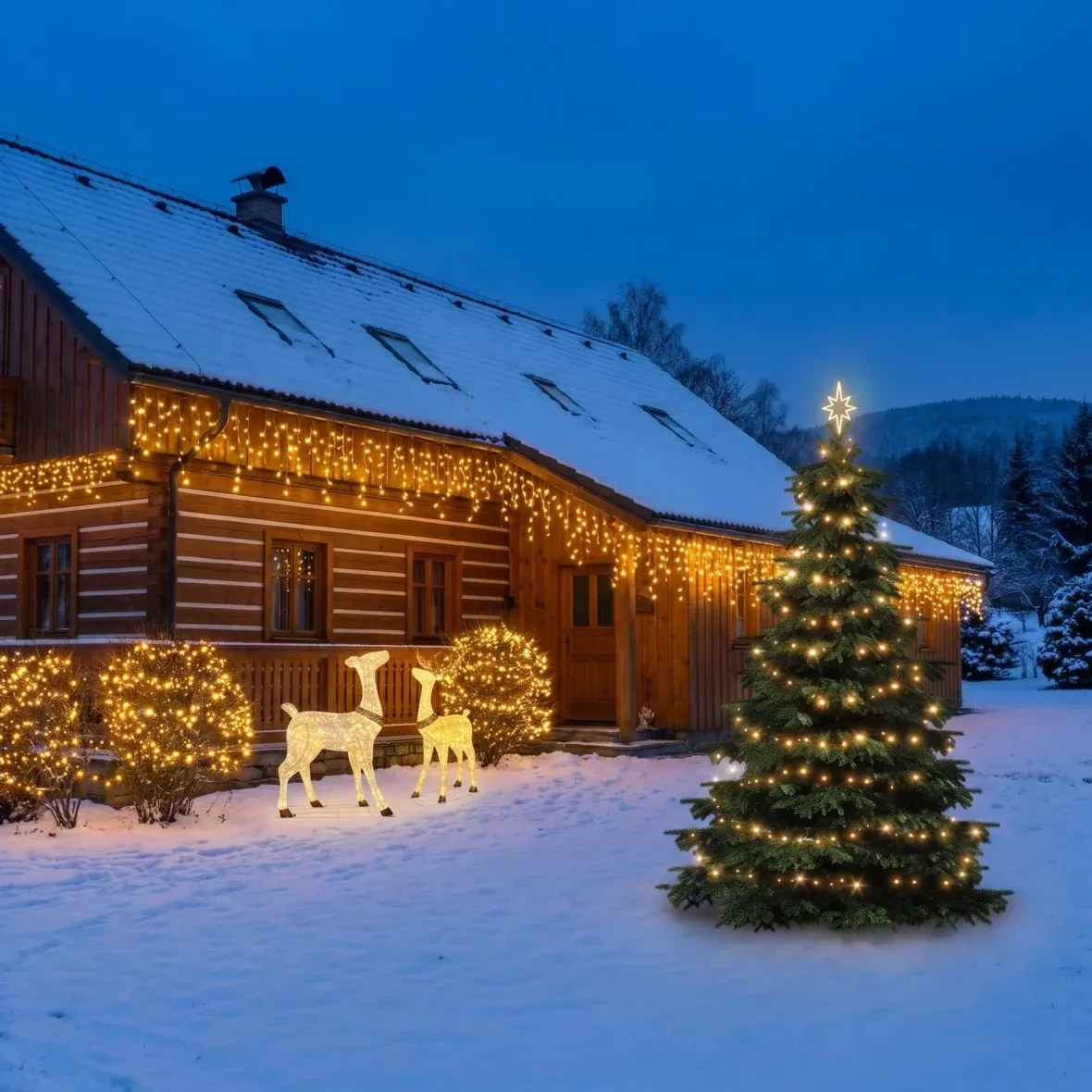 Christmas Set for Hotels: Facade, Shrubs, and Tree; Tree 3–5 m; 4× Icicle Lights 3 m; 3× String Lights 20 m; 3D LED Stag and Doe 150 cm; Warm White