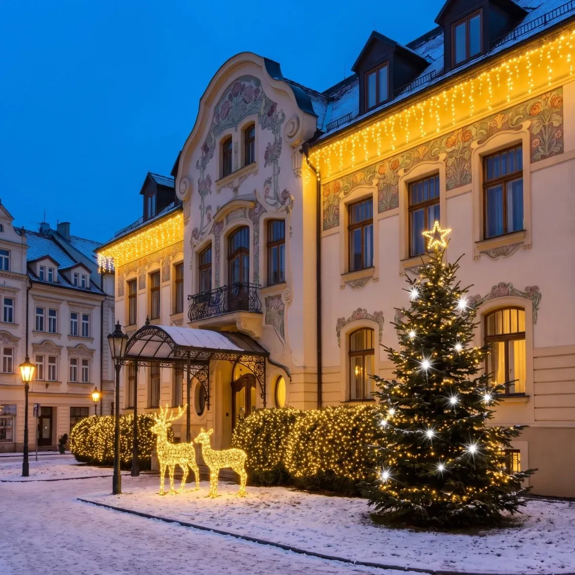 Christmas Set for Hotels: Sparkling Facade with Tree, 3–5 m "Flash" Tree, 150 cm 3D LED Stag and Doe, Warm White with "Flash"