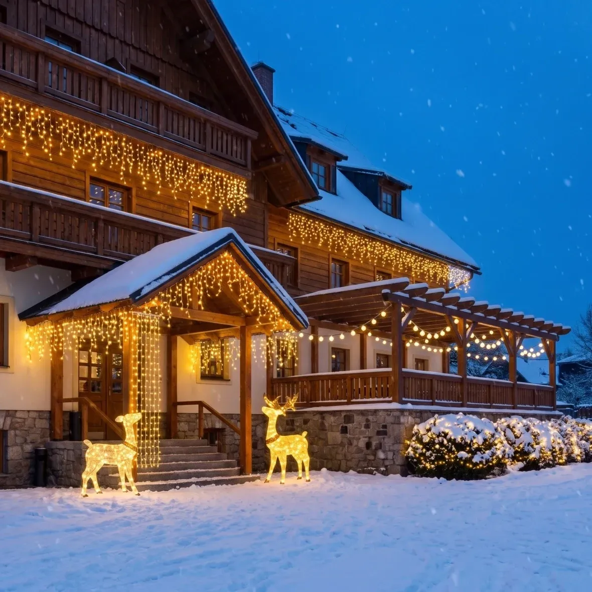 Christmas Set for Hotels: Main Entrance, 4 icicles (3 m × 90 cm), 3 chains (20 m), 3D LED stag and doe (150 cm), warm white