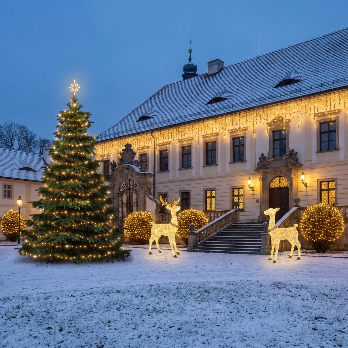 Christmas Set for Hotels: Large Façade, 6–8 m Tree, 11 × 3 m Icicles, 4 × 20 m String Lights, 3D LED Stag and Doe (150 cm), Warm White