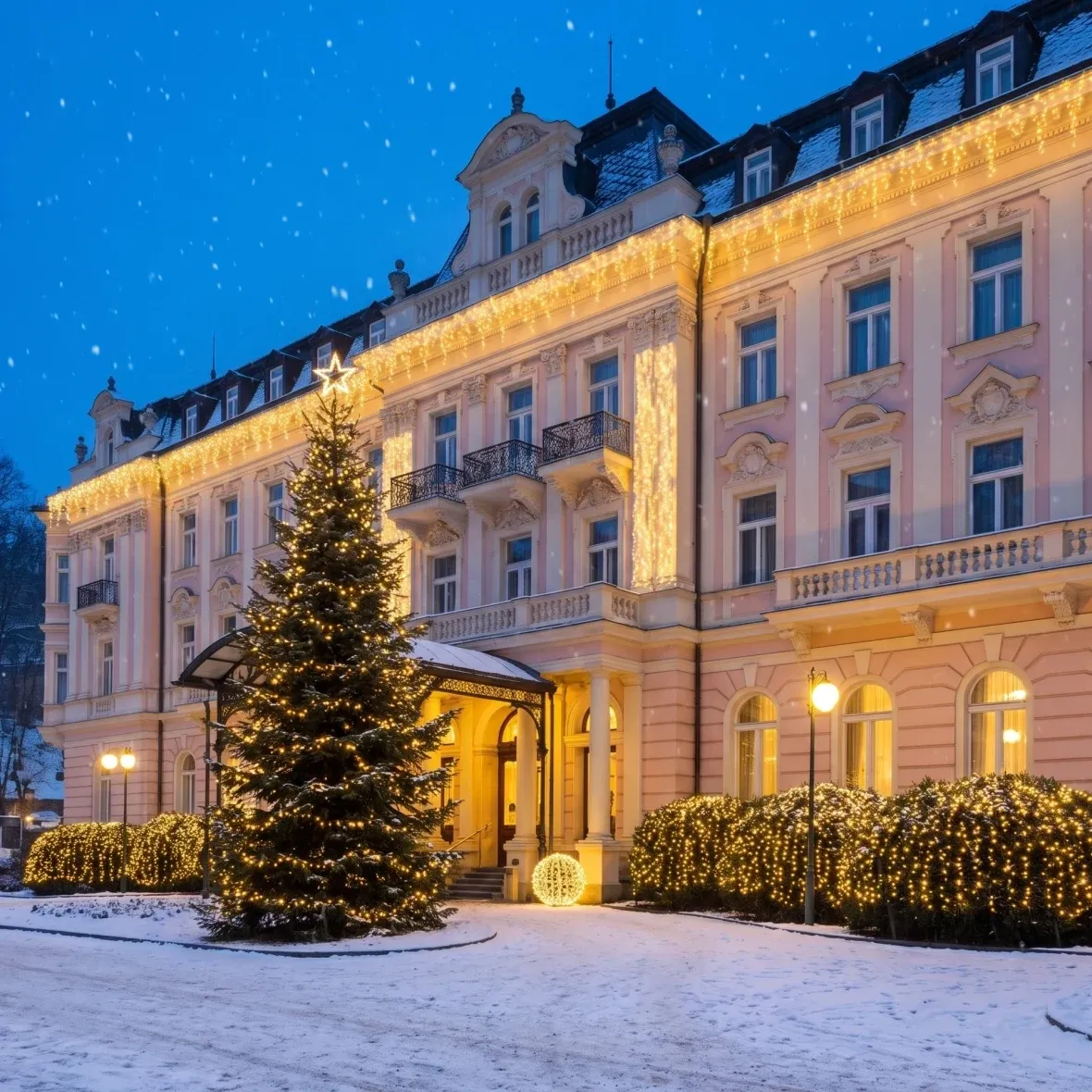 Christmas Set for Resort Hotels: 6–8 m tree, 20 × 3 m icicle lights, 7 × 20 m string lights, 1 × 8 m garland, 3D LED ball (Ø 60 cm), warm white