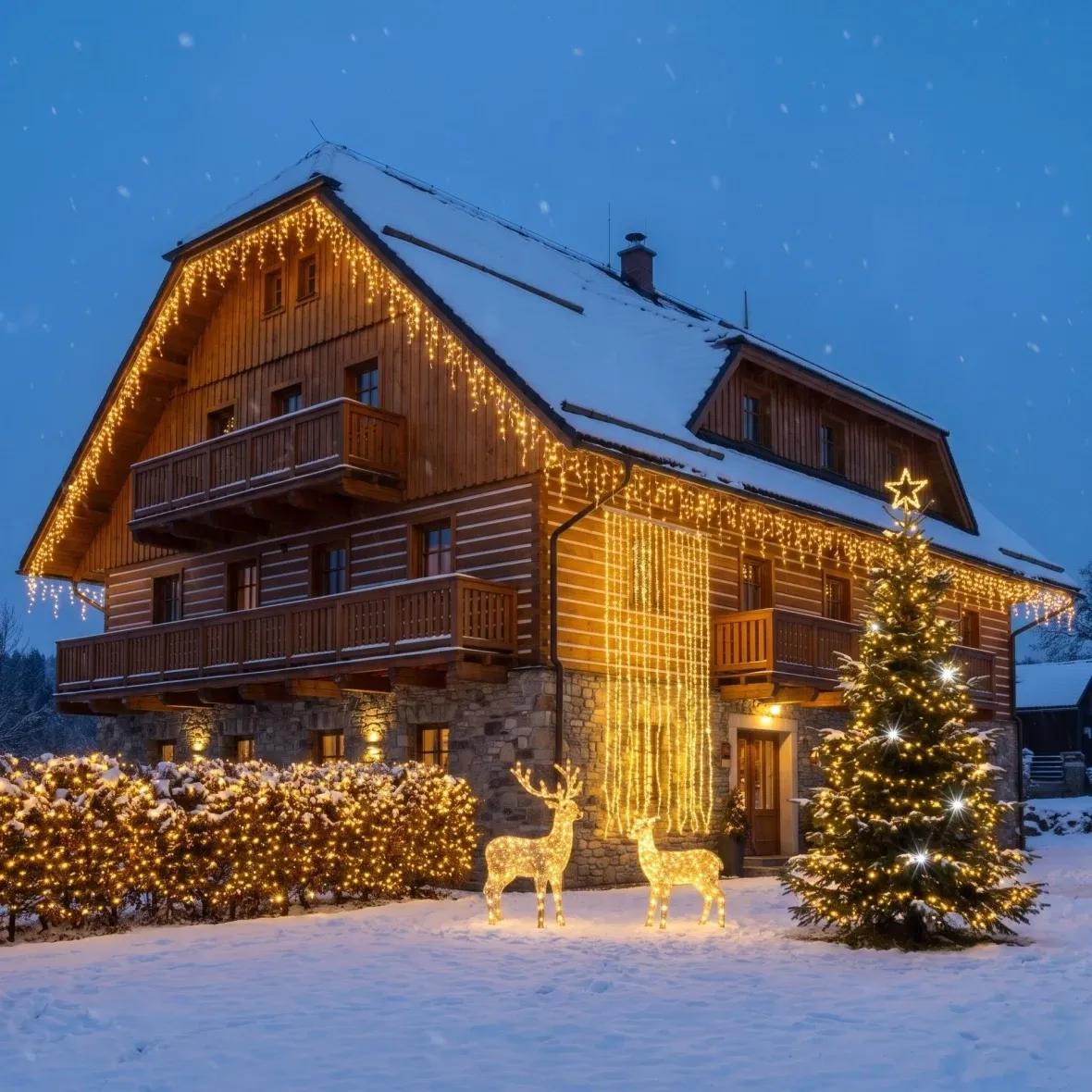 Resort Flash Christmas Set for Hotels: 6–8 m Flash tree, 12 × 3 m Flash icicles, 150 cm 3D LED stag and doe, warm white with Flash