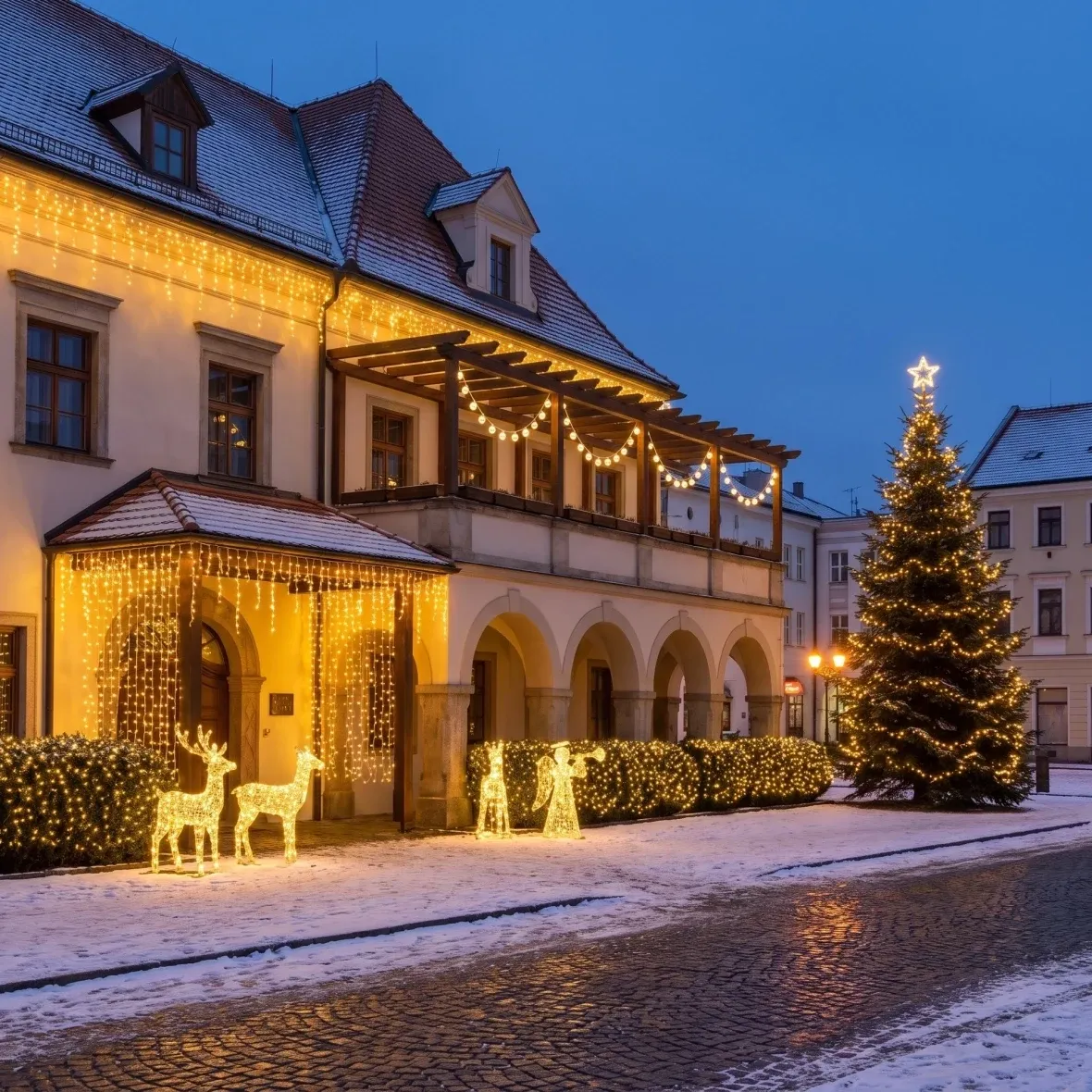 Christmas Set for Hotels: Grand Entrance and Garden, 6–8 m Tree, 3D LED Stag and Doe (150 cm), 3D LED Angel (122 cm), Warm White