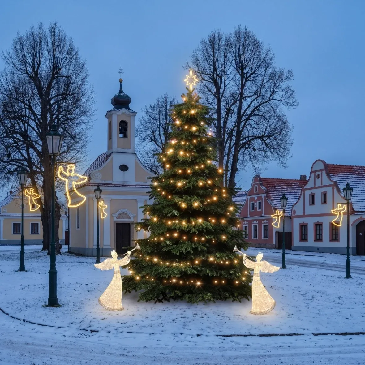 Christmas Set for Municipalities: Angel, 3–5 m Tree, 6× Angels for Street Lighting, 2× 3D LED Angels (122 cm), Warm White