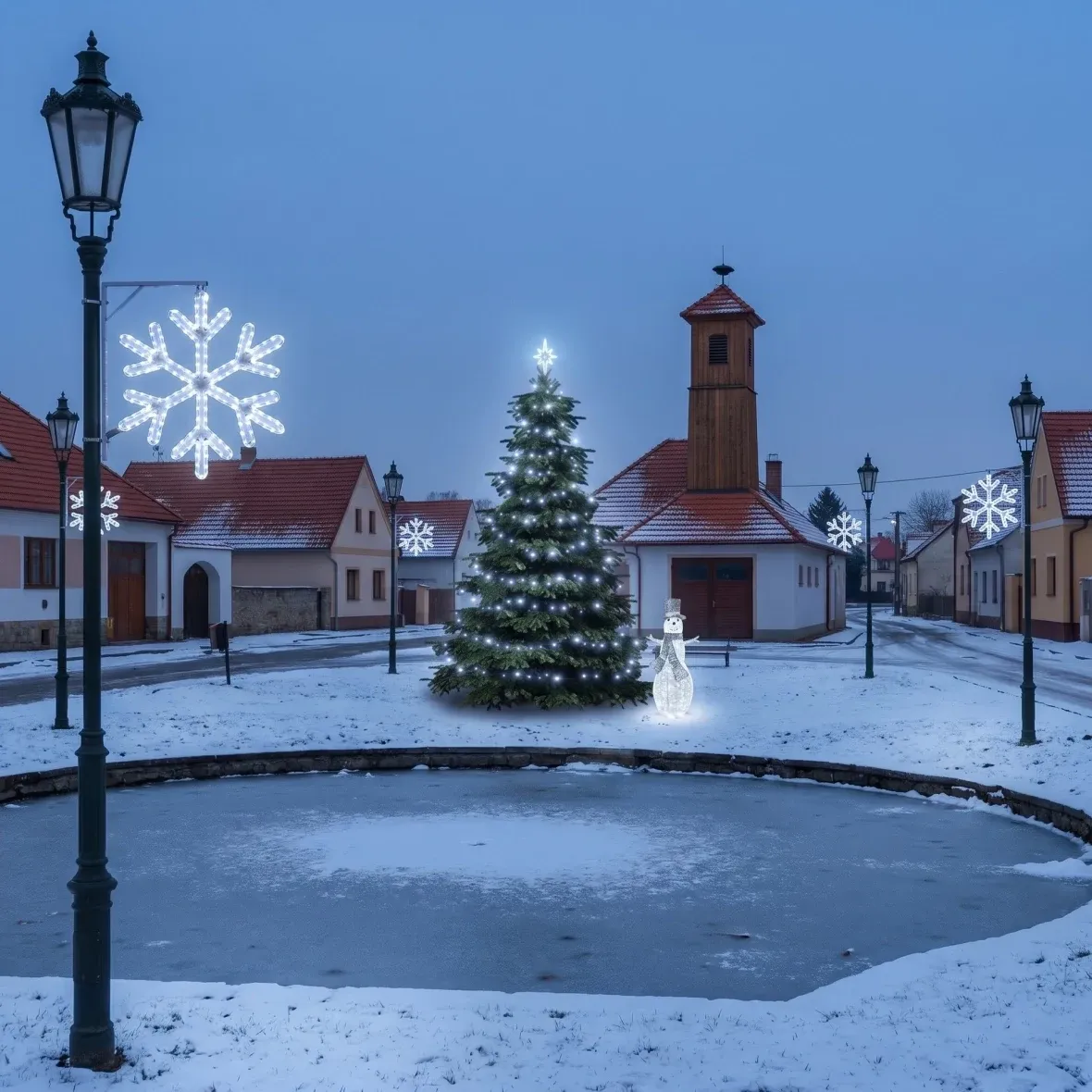 "Ice Flake V" Christmas Set for Municipalities: 3–5 m tree, 8 "Ice Flake V" decorations for streetlights, 107 cm 3D LED snowman, ice white