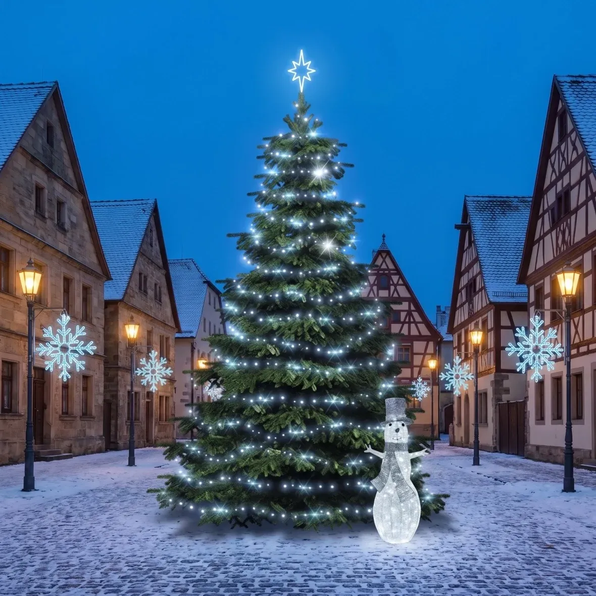 Christmas Set for Municipalities: Ice Flake X, 6–8 m Flash Tree, 8× Ice Flake X for Street Lighting, 3D LED Snowman 107 cm, Ice White