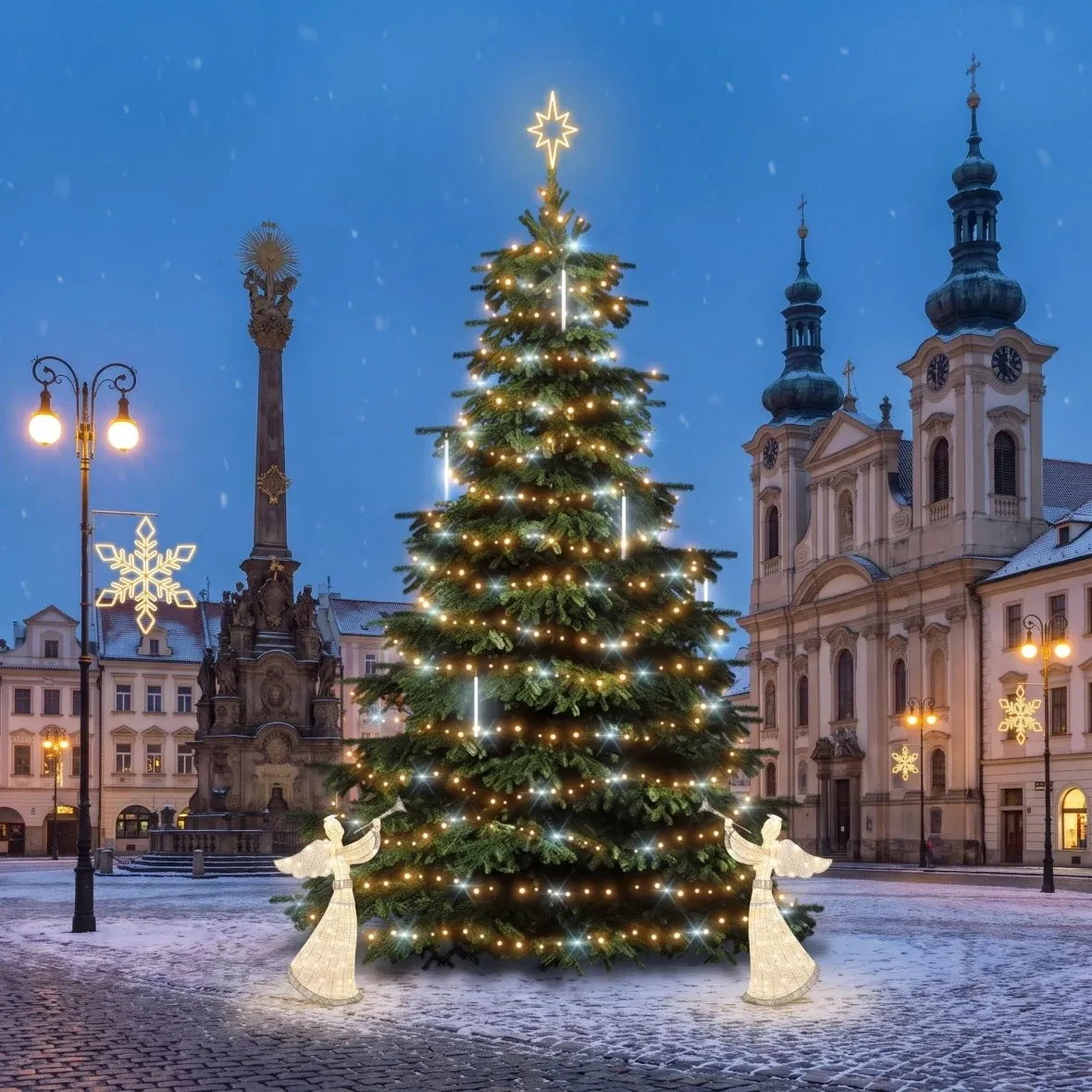 Christmas Set for Municipalities: Snowflake XI (Gold), 6–8 m "Flash" Tree with Falling Snow, 8 Snowflake XI decorations for street lighting, 2 3D LED angels (122 cm), Warm White