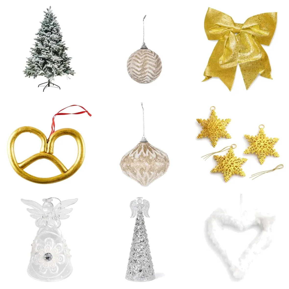 "Snow-Covered Tree" Christmas Set: 180 cm Artificial Tree with White and Gold Ornaments and a Bag