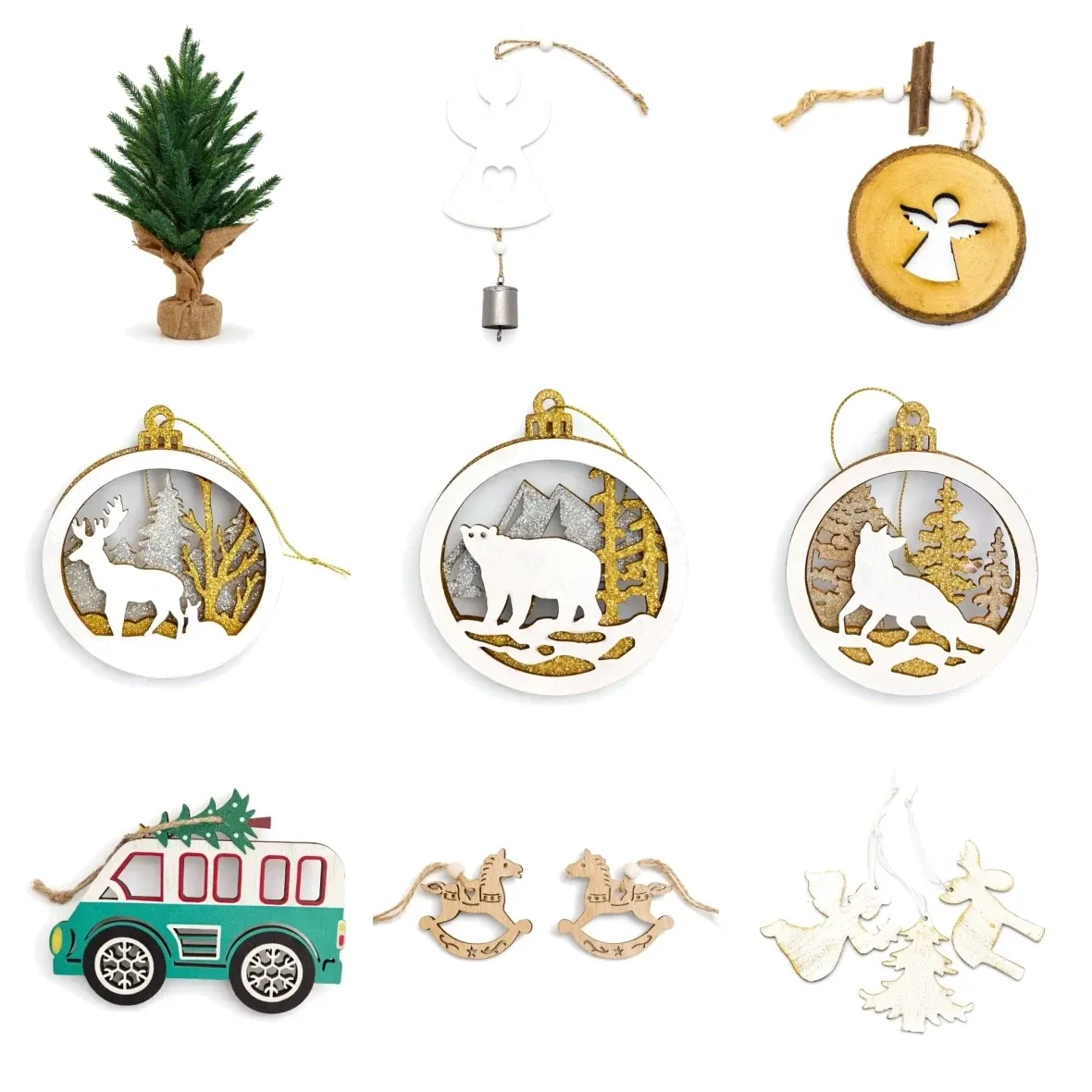 Christmas Set: Tabletop Tree, 57 cm Artificial Tree with Wooden Ornaments