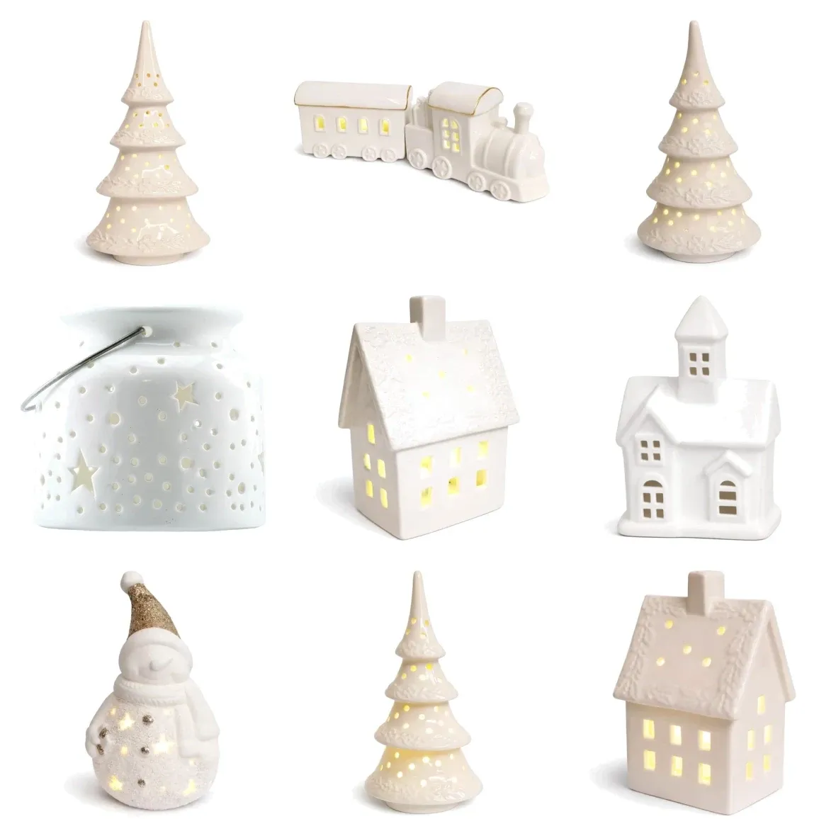 Christmas Set: Illuminated Ceramic Village, Ceramic Houses, Trees, and Candleholders