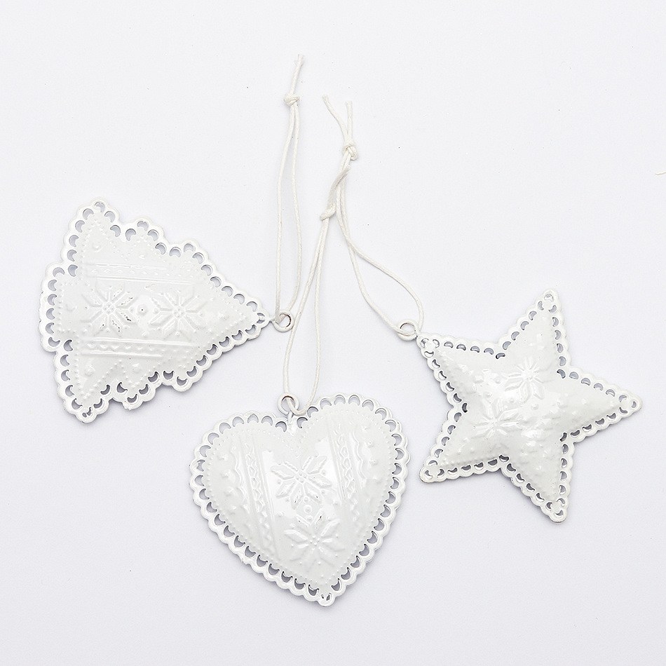Christmas tree ornaments metal 7 cm, star, heart, tree, white, pack of 3