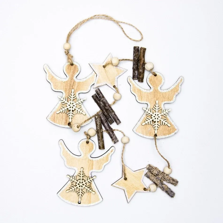Christmas wooden hanging decoration, chain angels and stars, 94 cm