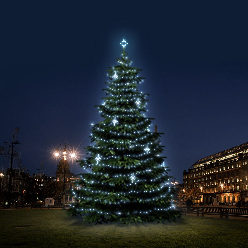 LED light set for Christmas trees 12-14 m high, ice white with decors DZ113S3