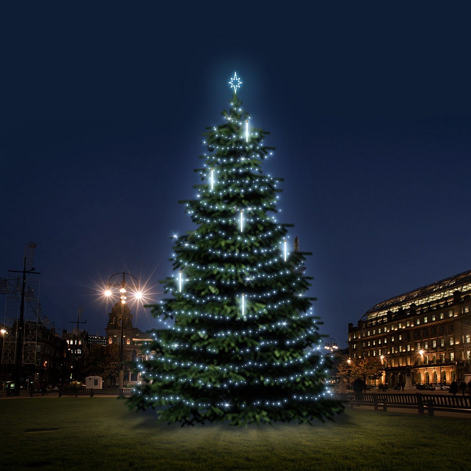 LED light set for Christmas trees 12-14 m high, icy white with falling snow