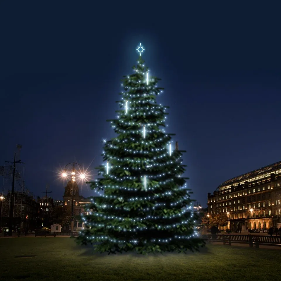 LED light set for Christmas trees 12-14 m high, icy white with falling snow